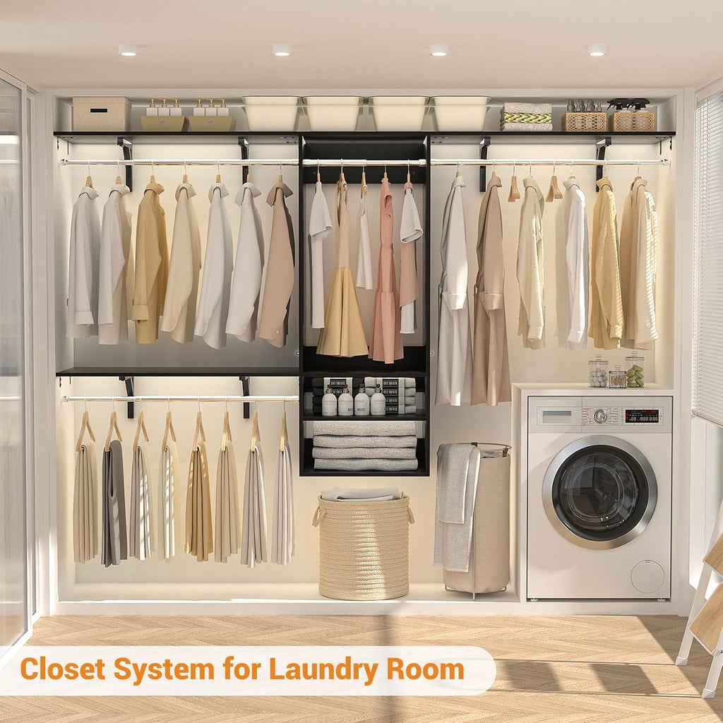 Besiost 8FT Hanging Closet System, 96 Inch Closet Organizer System with Hanging Rod, Walk In Mounted Closet System, Built-In Clothes Garment Rack with 3 Shelving Towers(Can Be Cut To Fit), Black