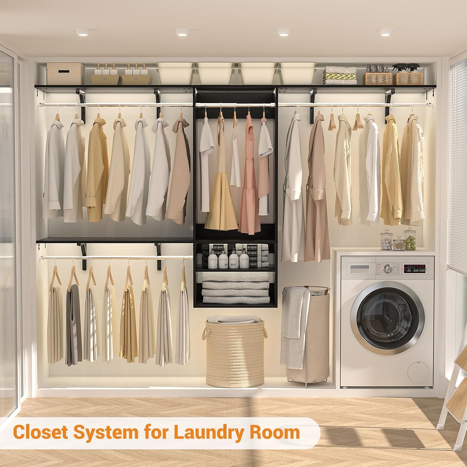 Besiost 8FT Hanging Closet System, 96 Inch Closet Organizer System with Hanging Rod, Walk In Mounted Closet System, Built-In Clothes Garment Rack with 3 Shelving Towers(Can Be Cut To Fit), Black