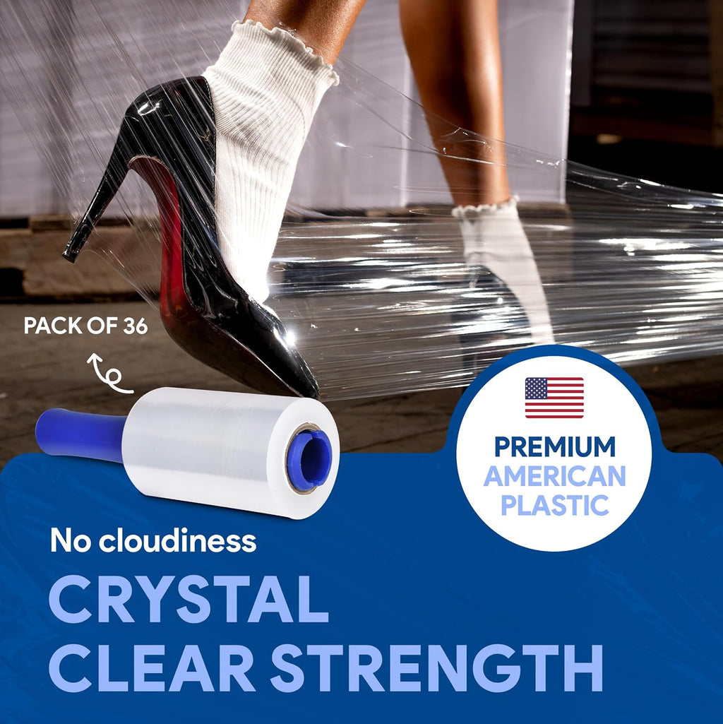 International Plastics Co. 5' Plastic Stretch Film Wrap with Rotating Handle 1000 feet 500% Stretch Ability (36 Pack, 5' Spinning Handles)