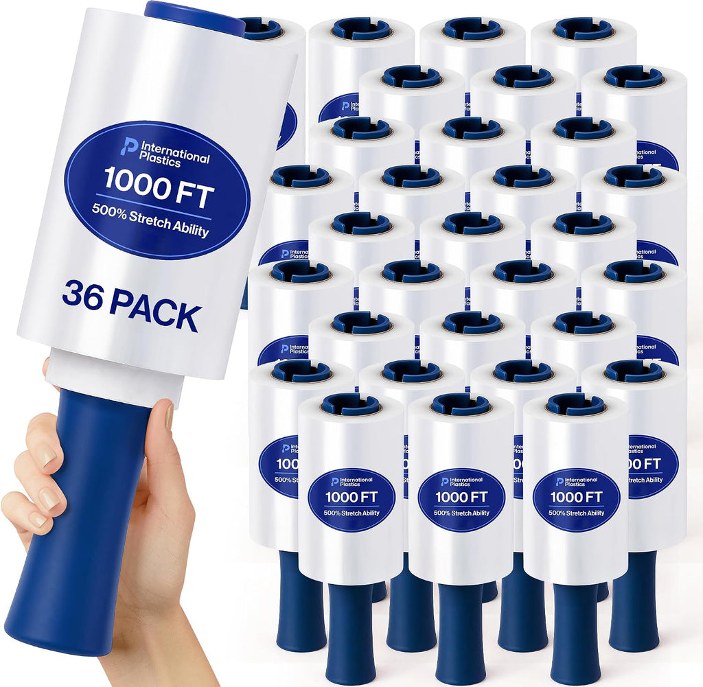 International Plastics Co. 5' Plastic Stretch Film Wrap with Rotating Handle 1000 feet 500% Stretch Ability (36 Pack, 5' Spinning Handles)