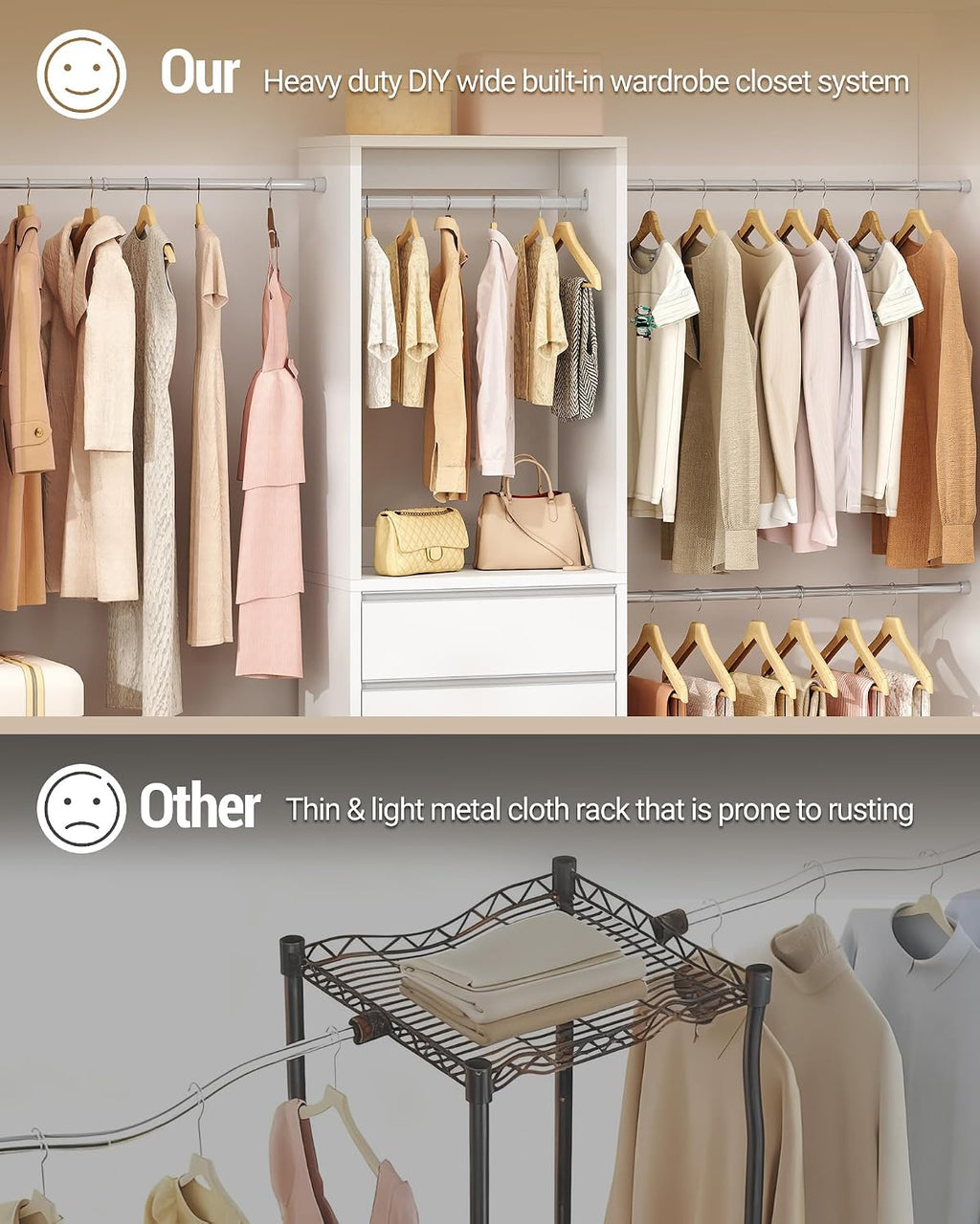 Hzuaneri Closet System with 2 Drawers, Walk-in Closet Organizer System Wooden Storage Systems with 4 Hang Rods & Shoe Cabinet, Fits Spaces 4-9.8FT, Wardrobe Clothes Rack Garment Rack, White MC00103E