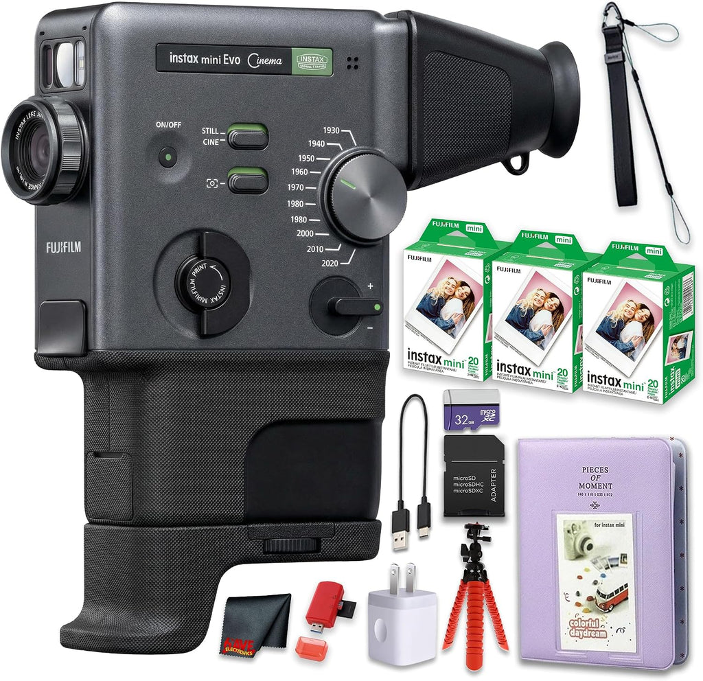 FUJIFILM instax mini Evo Cinema Hybrid Instant Camera Bundle, 3-in-1 Camera Printer with Bluetooth + Gen Dial for 10 Decade-Inspired Effects + Instax-Mini Twin Pack Instant-Film 60 Sheets + More