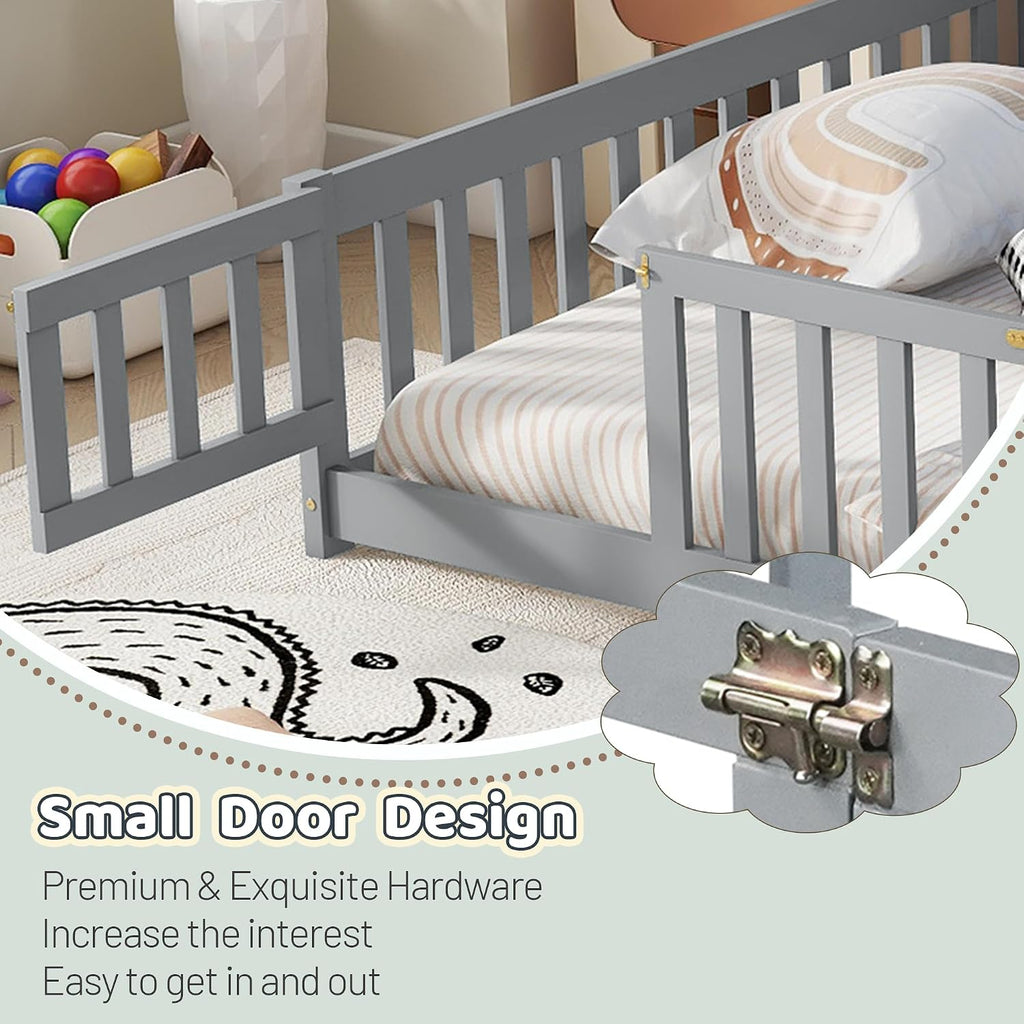 Queen Floor Bed with Safety Guardrails for Kids, Rubber Wood Montessori Bed with Slats and Convertible Door,Queen Size Bed Frame for Girls and Boys,No Box Spring Needed,Grey
