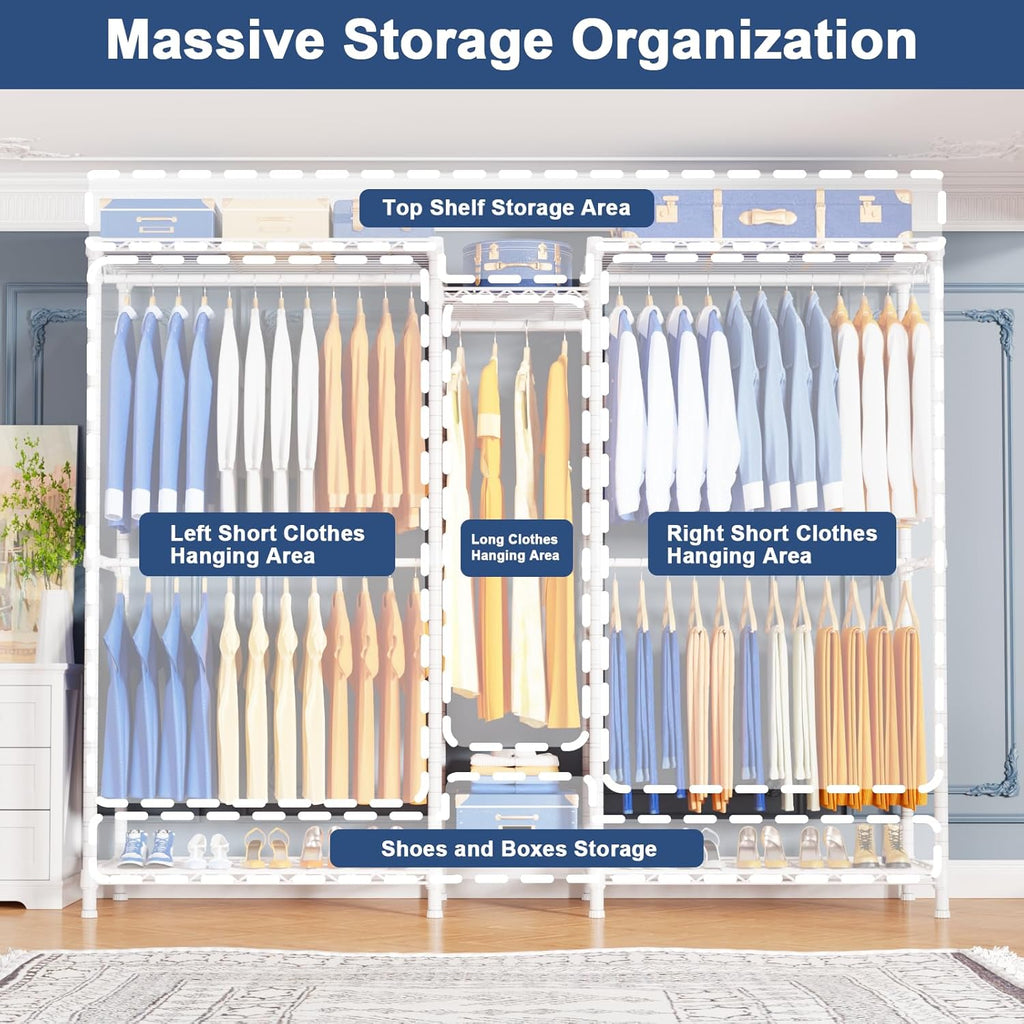 Ulif E12C Pro Heavy Duty Closet Organizer System，Freestanding Clothing Racks for Hanging Clothes，Adjustable Garment Rack 71'W x 16'D x 76.5'H Hold 960lbs，White Clothing Rack with White Dustproof Cover