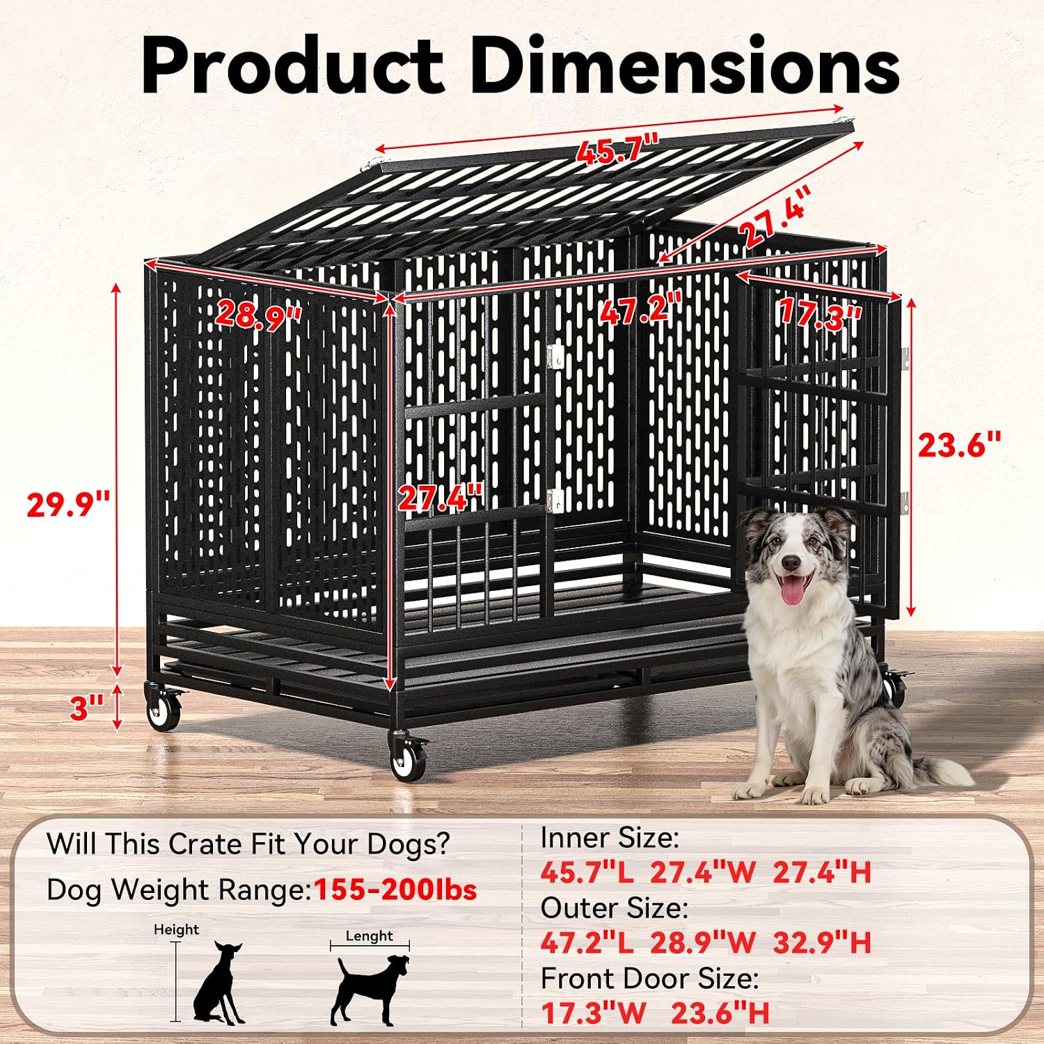 48 Inch Heavy Duty Dog Crate with Wheels,Indestructible Escape-Proof Dog Kennel with Locking Latch and Double Door,Extra Large XL XXL Crate Indoor for Large and Medium Dog with Removable Tray