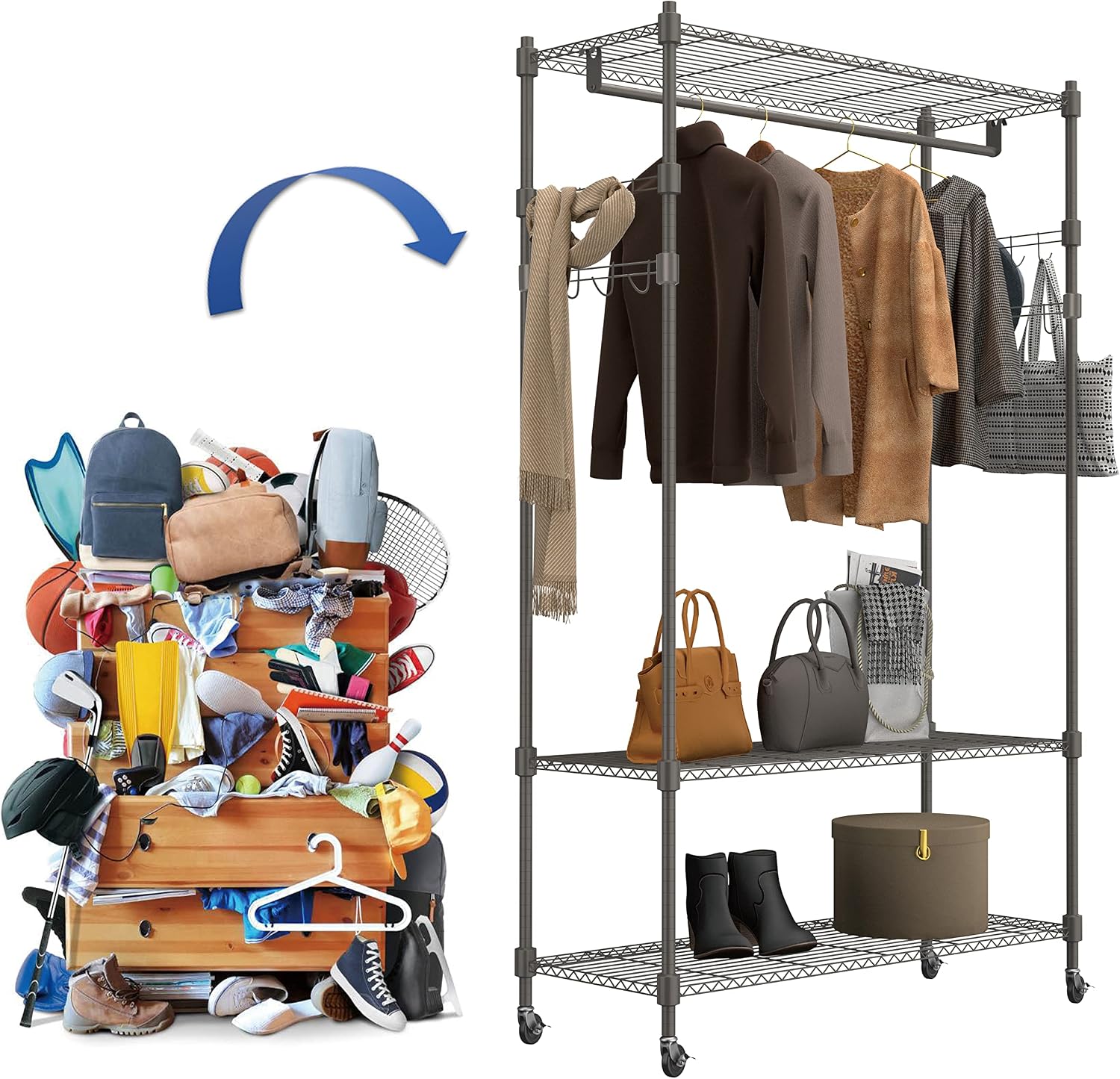 Himimi 3 Tier Wire Shelving Clothes Rack with Wheels, Heavy Duty Rolling Garment Rack with Double Rods, 4 Side Hooks, Freestanding Metal Wardrobe Storage Rack, Grey