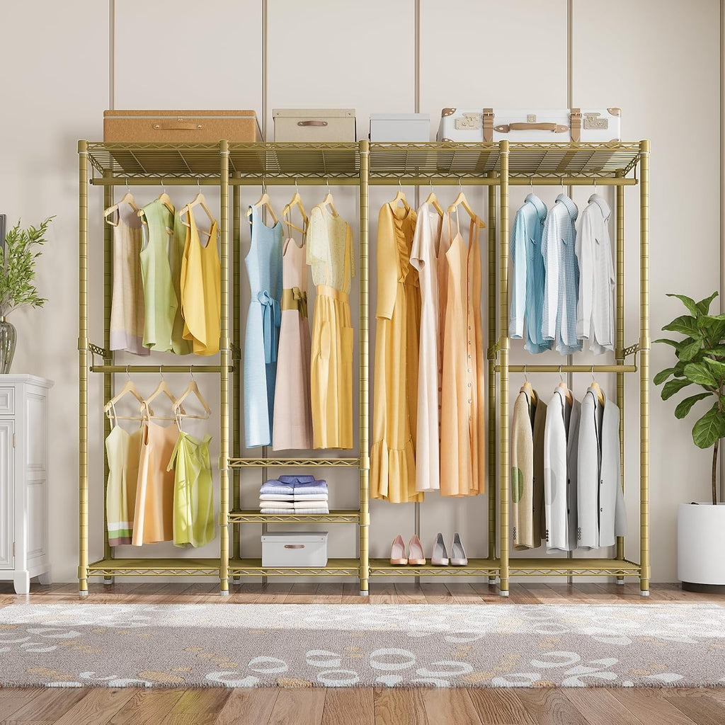 VIPEK V40 Heavy Duty Clothes Rack, 1110lb Capacity Sturdy Metal Garment Rack, Clothing Rack with 6 Shelves & 4 Hang Rods, Adjustable Open Wardrobe Closet Organizer for Bedroom/Apartment/Retail, Gold