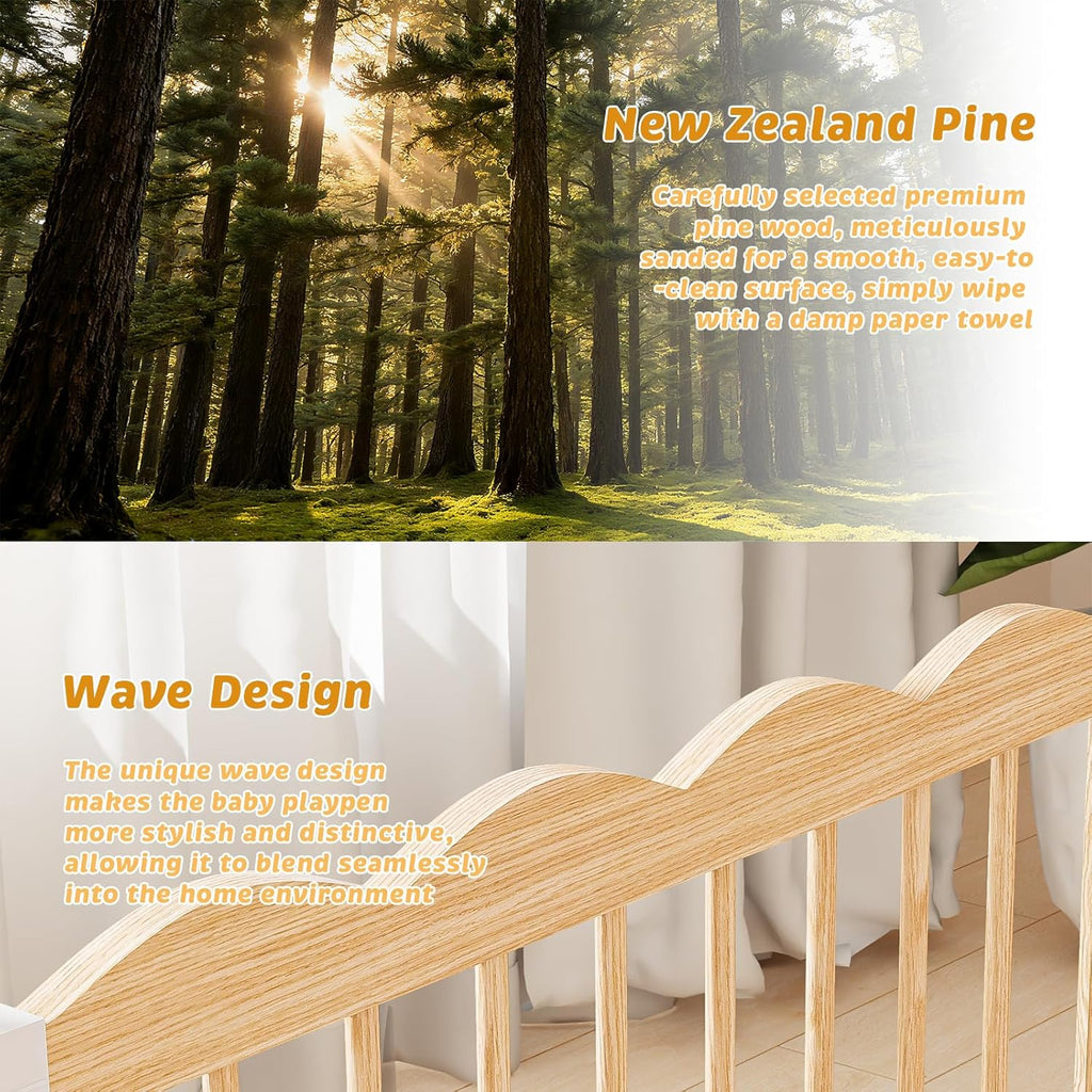 Natural Wood Baby Playpen for Babies and Toddlers Portable Infant Play pens for Kids Extra Large Toddler Wood Fence Play Area with Child Proof Lock 69x69x24Inch