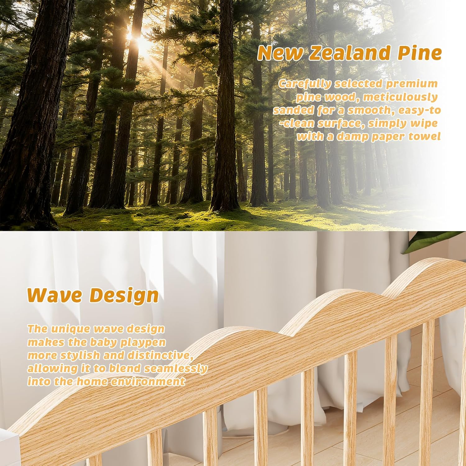 Natural Wood Baby Playpen for Babies and Toddlers Portable Infant Play pens for Kids Extra Large Toddler Wood Fence Play Area with Child Proof Lock 69x69x24Inch