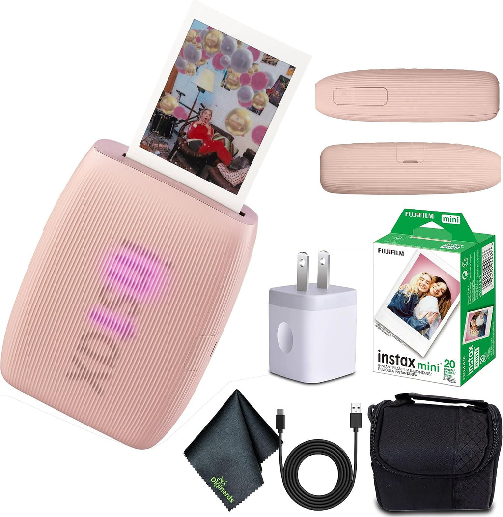 Fujifilm INSTAX MINI Link 3 Smartphone Printer (Rose Pink) + Travel Bag Small INSTAX MINI Instant Film (20 Sheets) + USB Power Charging Adapter + Diginerds Microfiber Cleaning Cloth