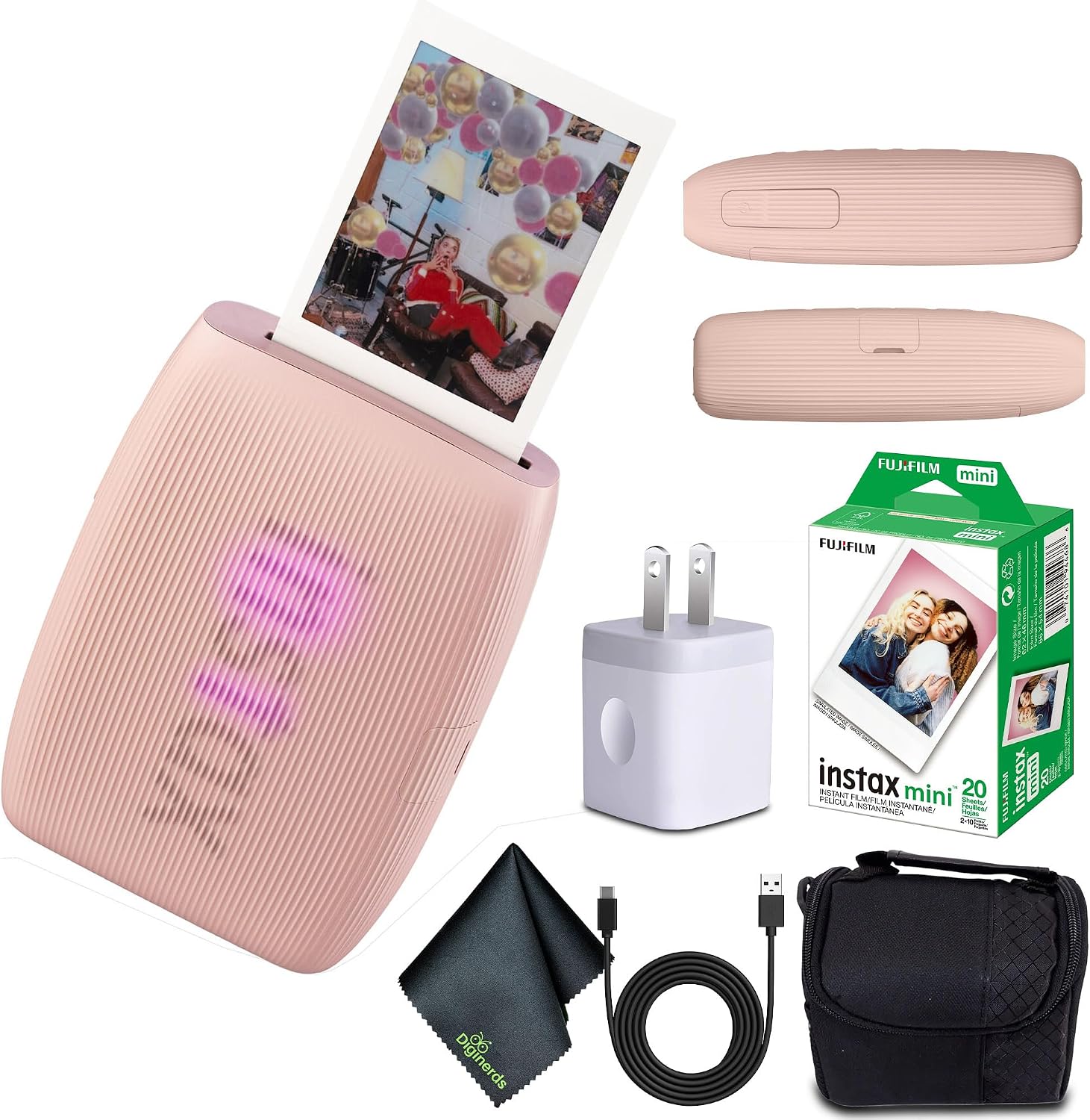 Fujifilm INSTAX MINI Link 3 Smartphone Printer (Rose Pink) + Travel Bag Small INSTAX MINI Instant Film (20 Sheets) + USB Power Charging Adapter + Diginerds Microfiber Cleaning Cloth