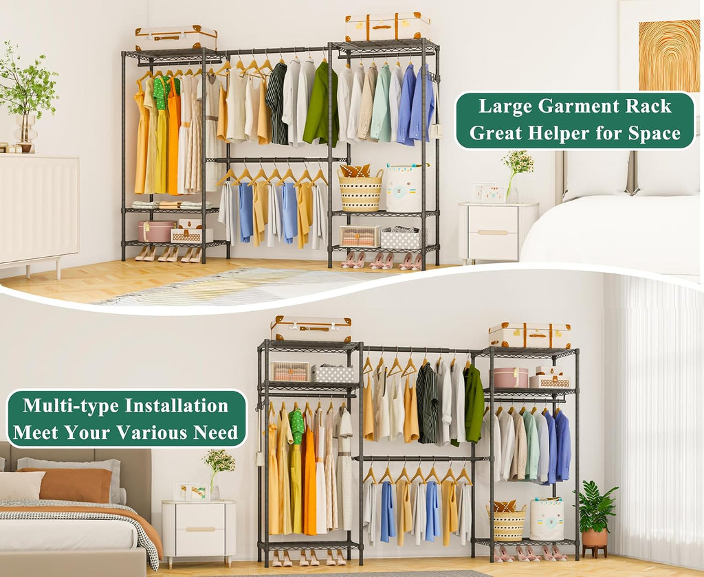 Heavy Duty Garment Rack, Portable Expandable Freestanding 4 Tiers Adjustable Wire Shelves Clothes Rack with 2 Retractable Poles, 70.9-86.6' L x 15.7' W x 76.8' H, Max Load 900LBS, Black