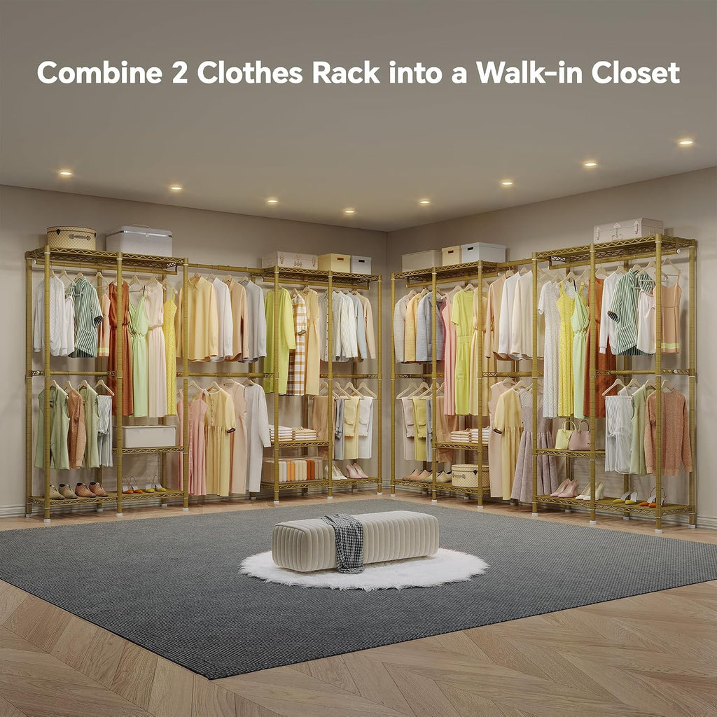 Higeego H5 Pro Heavy Duty Clothes Rack Wardrobe Closet for Hanging Clothes, Freestanding Garment Rack with Expandable Hanger Rods, Closet Organizer and Storage, (97.7-115.4')L x 15.7'W x 75.4'H, Gold