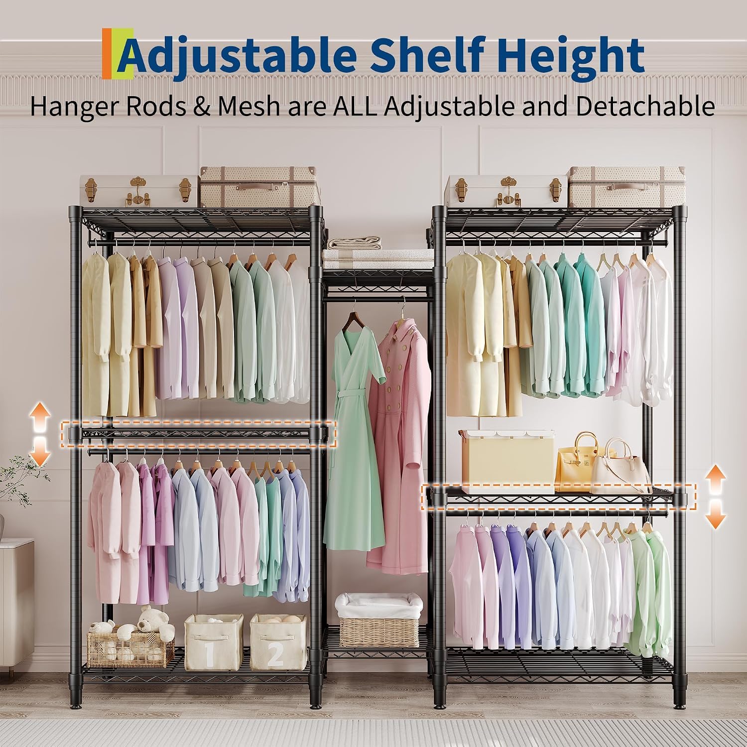 Freestanding Heavy Duty Garment Rack with Adjustable Shelves and Hanging Rods, Large 1870 Lbs Capacity Portable Closet Organizer for Bedroom or Cloakroom Storage, Black
