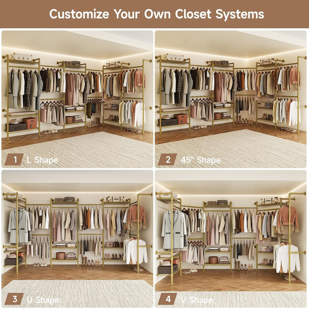Wall Mounted Garment Rack, Industrial Pipe Clothing Rack, Closet System with 6 Expandable Rods, Walk in Closet Shelving, Clothes Organizers and Storage, Hanging Racks Wardrobe Renovation, Gold