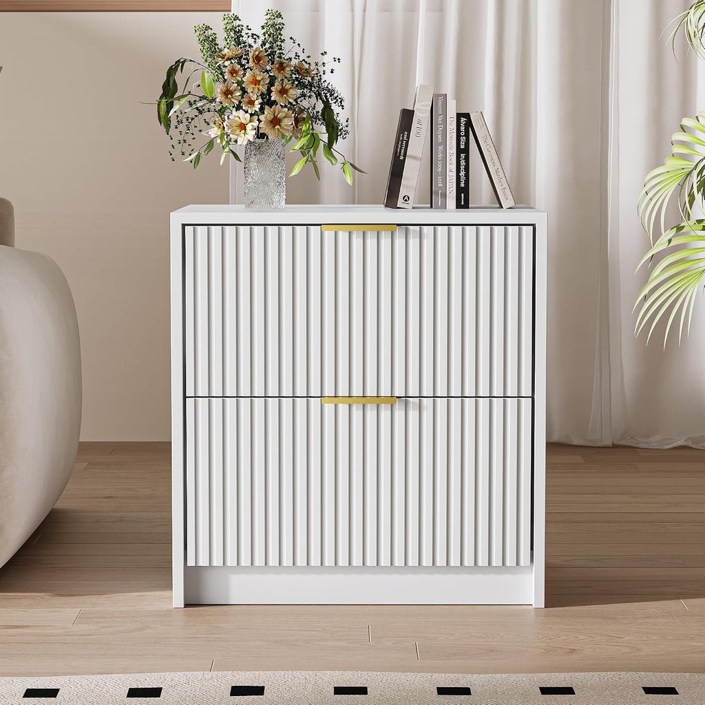 MAISONARIA Fluted Nightstands Set of 2 with 2 Drawers, 19.6' Modern Storage Bedside Table with Golden Metal Handles, Wooden End Table for Bedroom, White