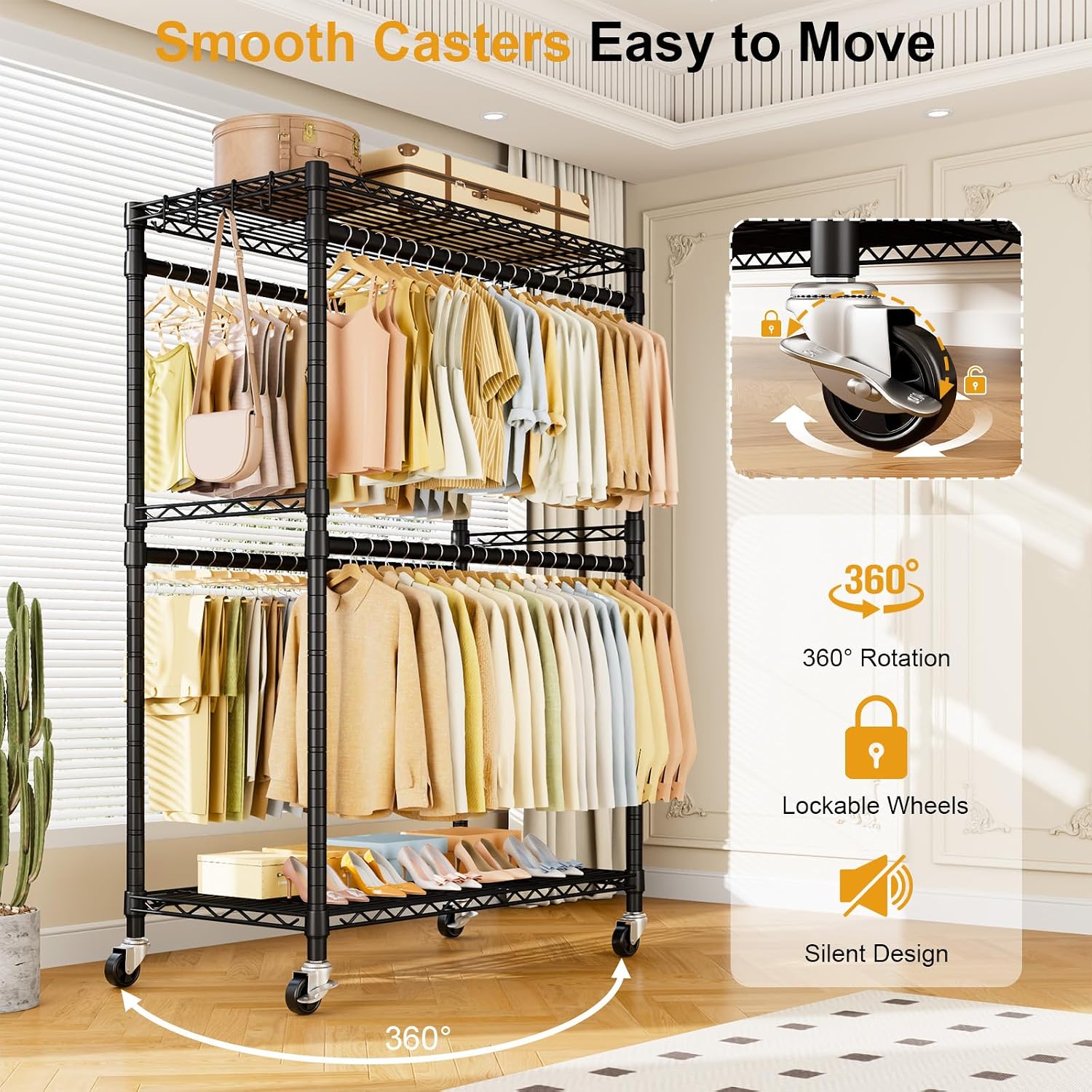 ULIFHOME P4 Plus & P7 Rolling Clothes Rack Heavy Duty, Clothing Racks for Hanging Clothes, Free Standing Garment Racks with Wheels, Portable Closet Rack 45''W × 20.5''D × 80.5''H, Black