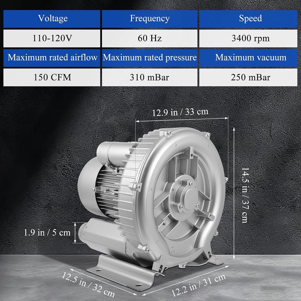 2.4HP Blower, 1.8KW 150CFM 110-120V Single Phase, High-Pressure, Industrial Vacuum Pump for Air Blowing or Suction, Sewage Aeration Aquarium Fish Pond Packaging
