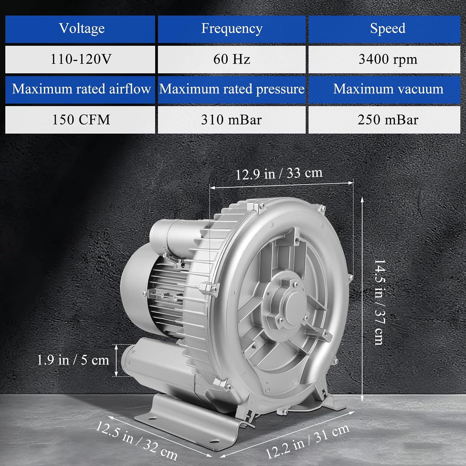 2.4HP Blower, 1.8KW 150CFM 110-120V Single Phase, High-Pressure, Industrial Vacuum Pump for Air Blowing or Suction, Sewage Aeration Aquarium Fish Pond Packaging