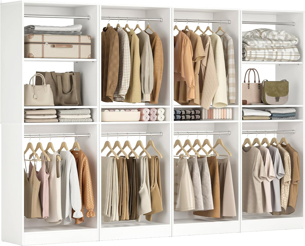 Unikito 100' Closet System, 8.3FT Wood Closet Storage Organizer with 8 Hanging Rods, Adjustable Large Walk in Wardrobe Closet Tower, Sturdy Clothes Garment Rack, Easy Assembly, Set of 4, White