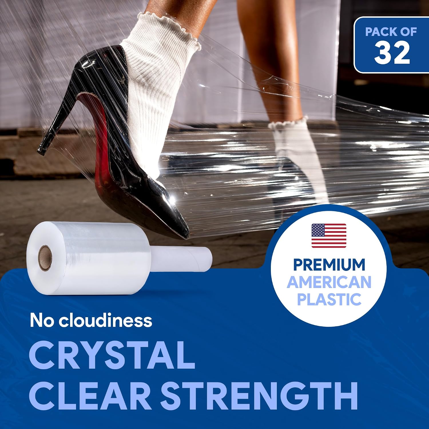 International Plastics Co. 18' Plastic Stretch Film/Wrap 1200ft 500% Stretch Clear Cling Durable Adhering Packing Moving Packaging Heavy Duty Shrink (5' Products, 32 Pack)