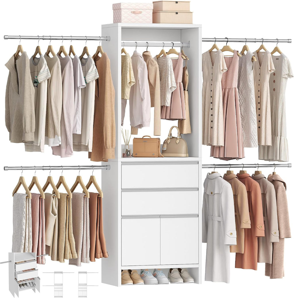 Hzuaneri Closet System with 2 Drawers, Walk-in Closet Organizer System Wooden Storage Systems with 4 Hang Rods & Shoe Cabinet, Fits Spaces 4-9.8FT, Wardrobe Clothes Rack Garment Rack, White MC00103E