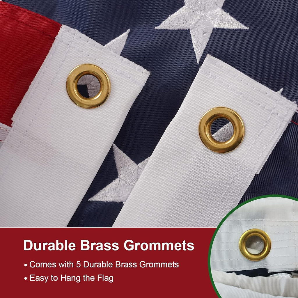 SYII American Flag 10x19 Ft Outdoor, Luxury Embroidered Stars and Double Stitched Sewn Stripes, Heavy Duty Polyester US Flags with Canvas Header and 2 Brass Grommets