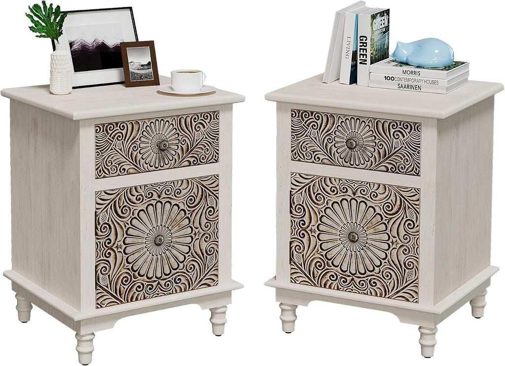 SUNBURY Night Stand Set 2, Accent End Table with Storage, Bedside Table, Vintage Wood Nightstand with Drawers for Living Room, Bedroom, No Assembly Required