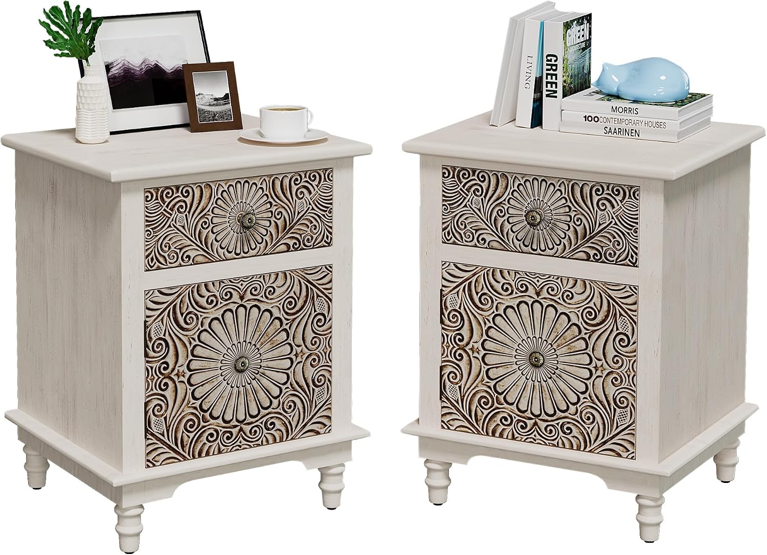 SUNBURY Night Stand Set 2, Accent End Table with Storage, Bedside Table, Vintage Wood Nightstand with Drawers for Living Room, Bedroom, No Assembly Required