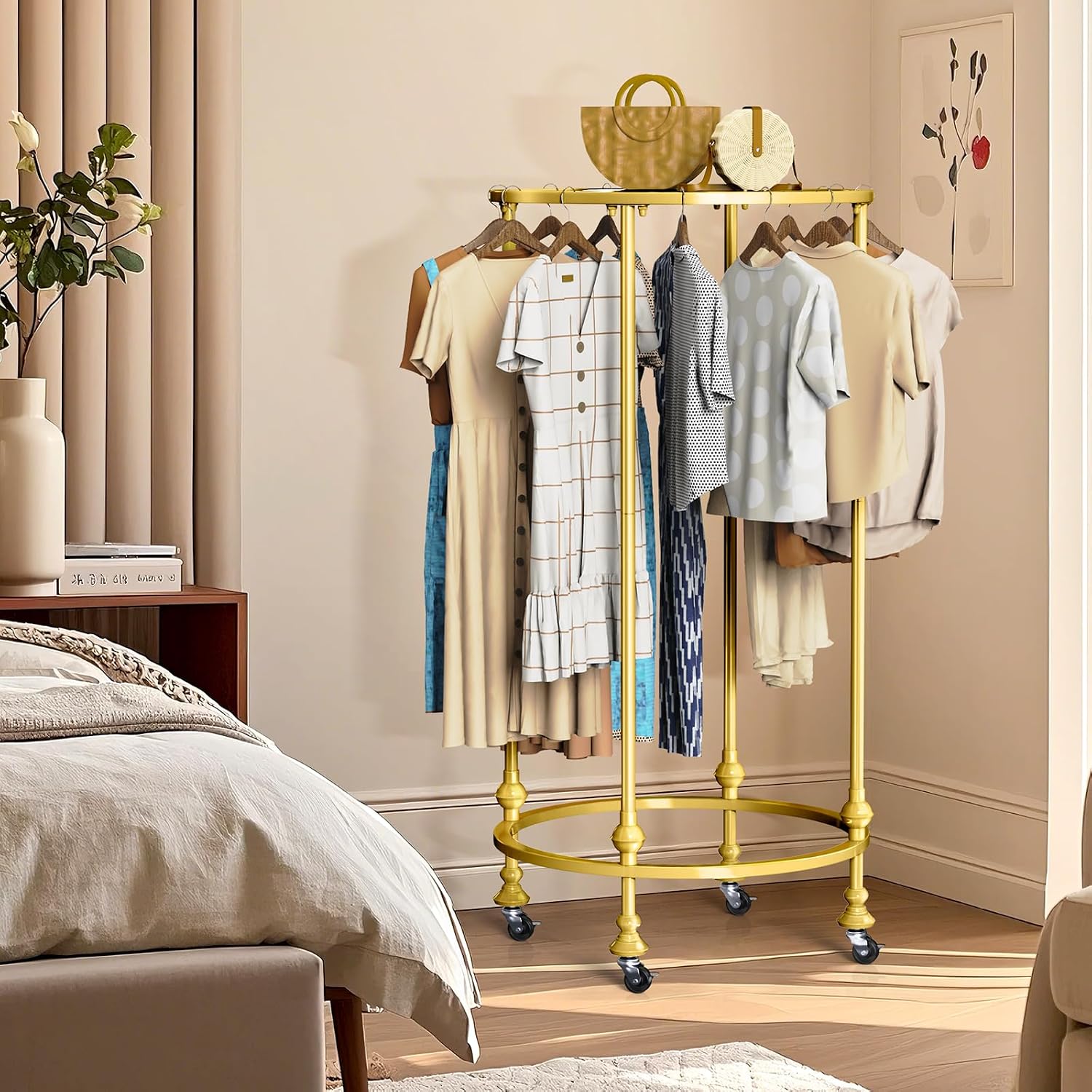 Rolling Round Garment Rack, Freestanding Double Space Multi-Purpose Retail Clothing Rack with Wheels and Topper, Heavy Duty Commercial Clothing Organizer for Retail Boutique Bedroom (Gold)