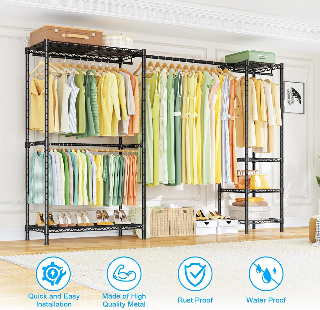 Ulif E10 and E12 Clothes Rack（With Stretchable Hanger Rod）, Heavy Duty Freestanding Garment Rack with Shelves，Metal Clothing Closet Storage System for Hanging Clothes