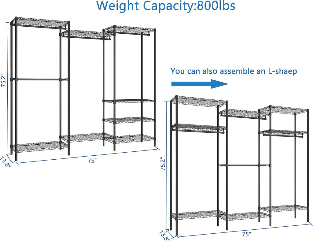 Heavy Duty Clothes Rack,Freestanding Clothing Shelf,Metal Garment Rack,Adjustable Custom Closet Shelf, 75' L x 13.8' W x 75.2' H, Max Load 800LBS, Large(Black)