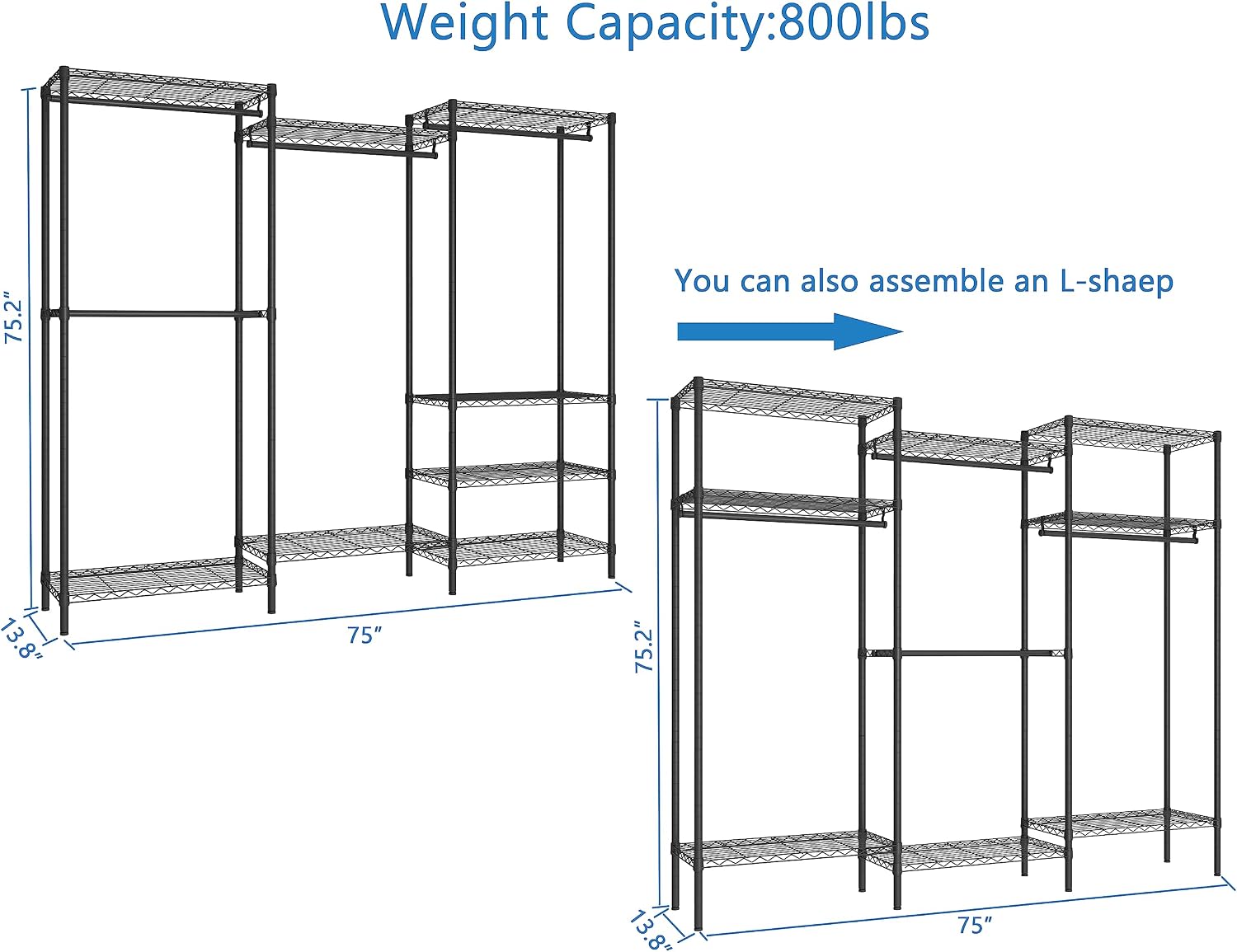 Heavy Duty Clothes Rack,Freestanding Clothing Shelf,Metal Garment Rack,Adjustable Custom Closet Shelf, 75' L x 13.8' W x 75.2' H, Max Load 800LBS, Large(Black)