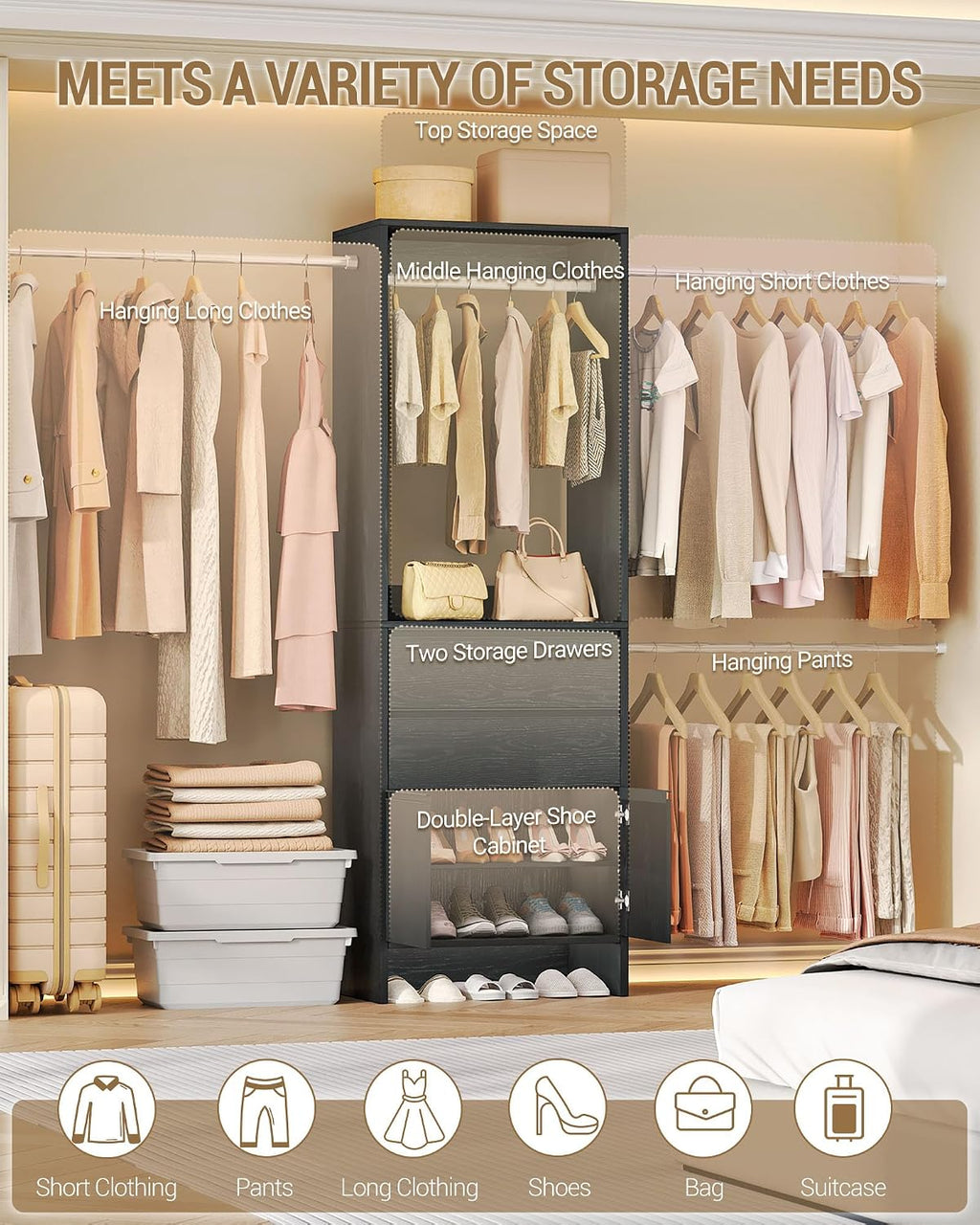 Hzuaneri Closet System with 2 Drawers, Walk-in Closet Organizer System Wooden Storage Systems with 4 Hang Rods & Shoe Cabinet, Wardrobe Clothes Rack Garment Rack Fits Spaces 6-10 ft, Black MC00104B