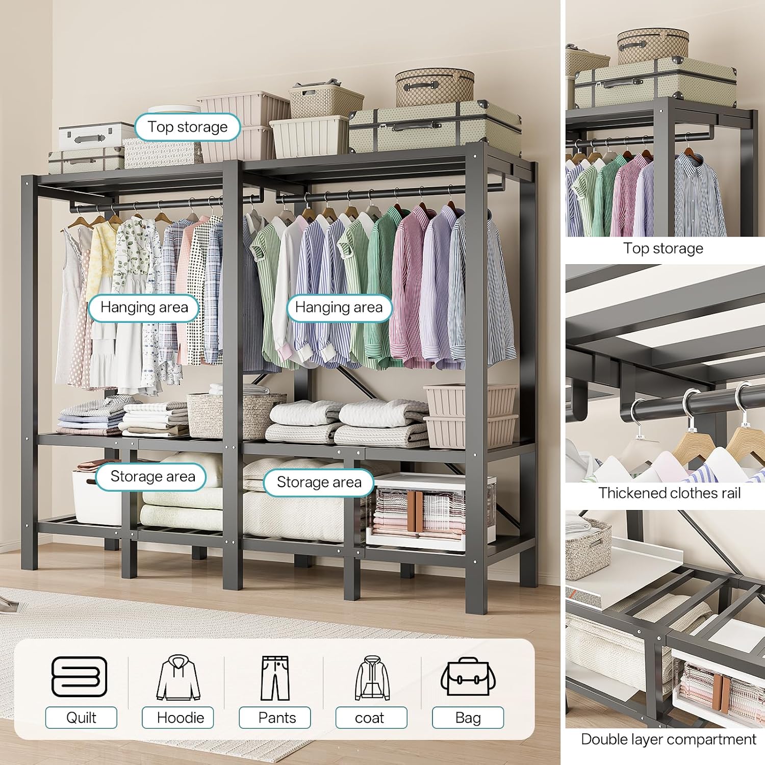 Heavy Duty Clothing Rack with Oxford Fabric Cover, Portable Closet Wardrobe with Hanging Rods, Freestanding Wardrobe, Metal Closet Rack for Hanging Clothes (Zipper Design, 59.1''/150cm)