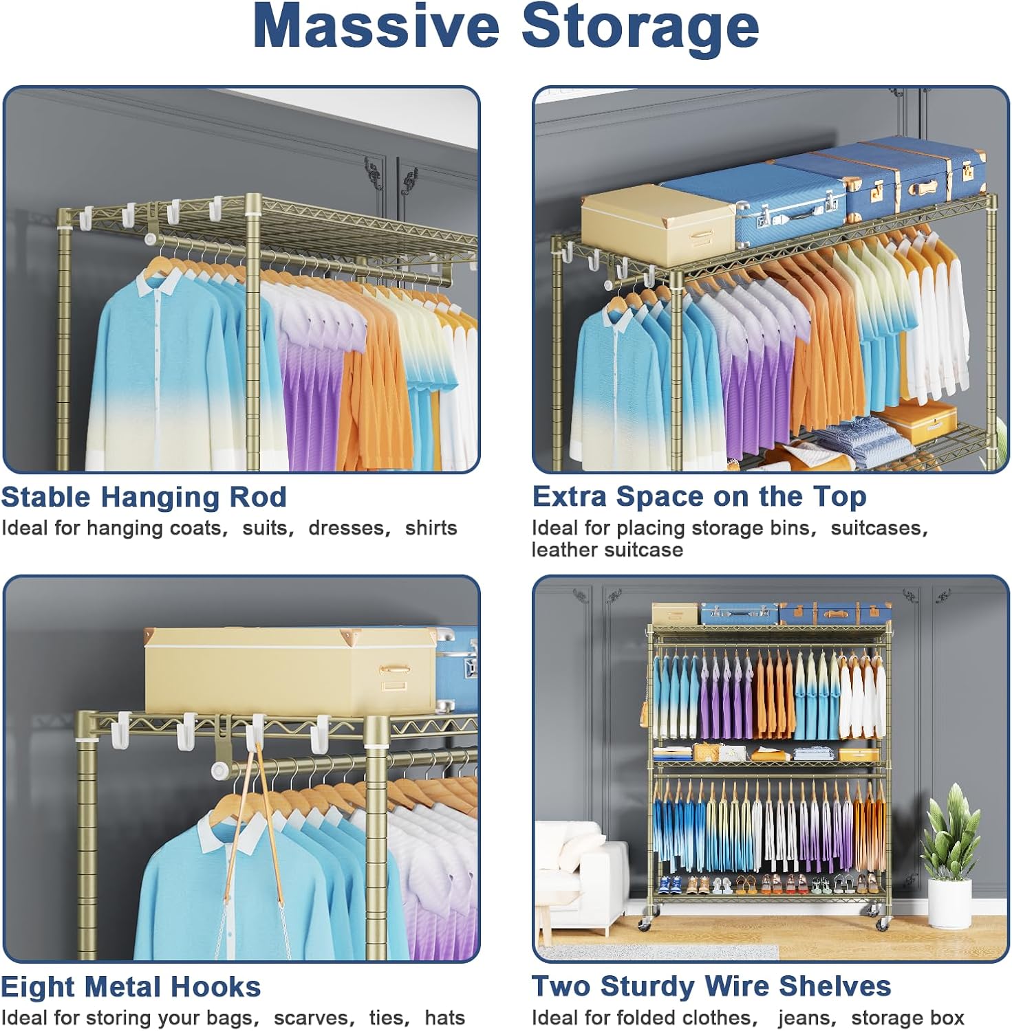 ULIFHOME P8 Max Heavy Duty Clothes Rack（With Extended Width Design） Rolling Clothing Racks for Hanging Clothes，Portable Garment Rack with Lockable Wheels，51.2' W x 15.8' D x 80.5' H，Load 700LBS，Gold