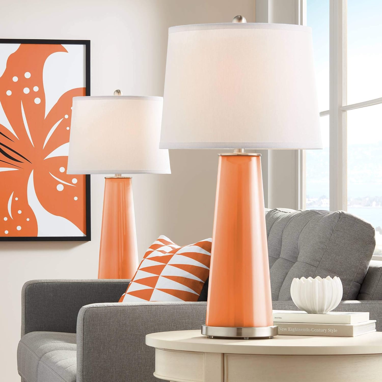 Color + Plus Leo Modern Table Lamps 29 1/2' Tall Set of 2 Celosia Orange Glass Tapered Column Plain White Drum Shade Decor for Bedroom Living Room House Home Bedside Nightstand Office Family