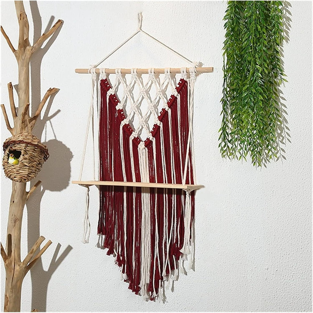 Tapestry Macrame Wall Hanging Shelf Bohemian Tapestry Woven Hanging Wall Decor (Red)