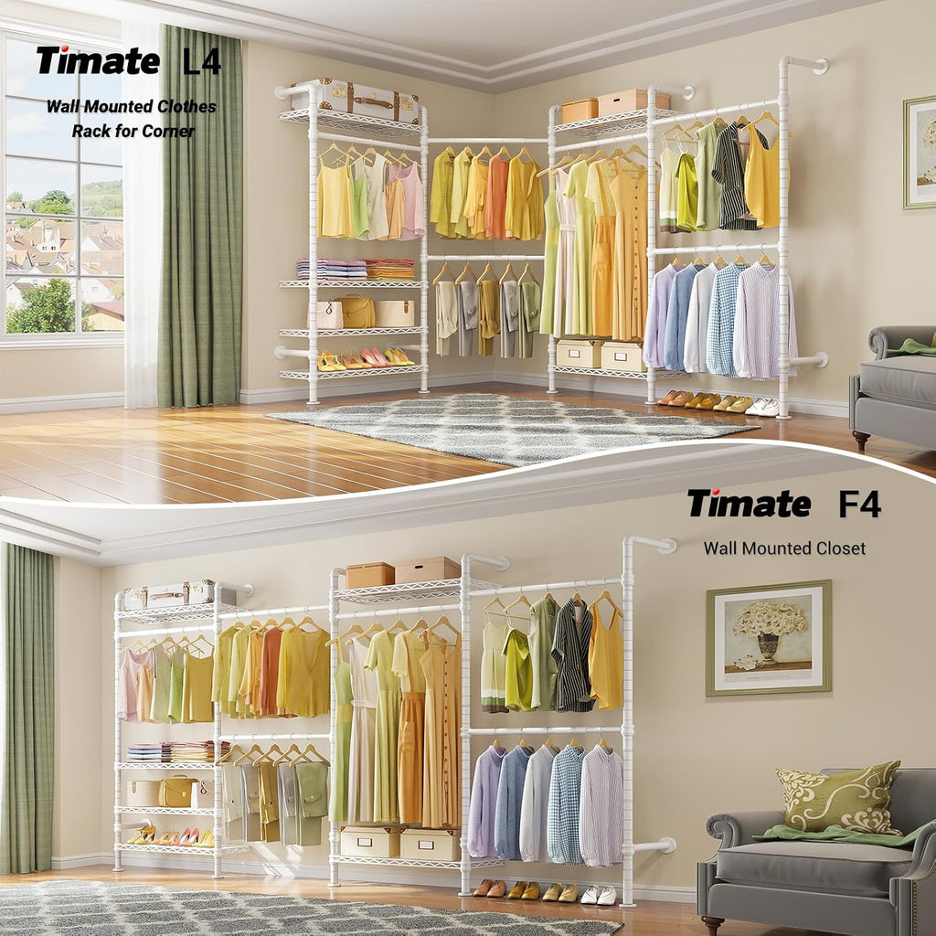 Timate L4 L Shape Garment Rack Heavy Duty Clothes Racks for Hanging Clothes, Expandable Industrial Pipe Clothing Rack Wall Mounted Closet Organizer Large Wardrobe Closet Kit Corner Closet System White