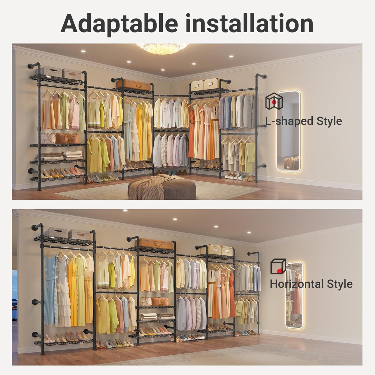 Timate F6 Wall Mounted Clothes Rack - Expandable Industrial Pipe Closet System, Heavy Duty Hanging Garment Rack, Closet Organizer & Storage Solution for Wardrobe, Bedroom,Walk-in Closets,Black