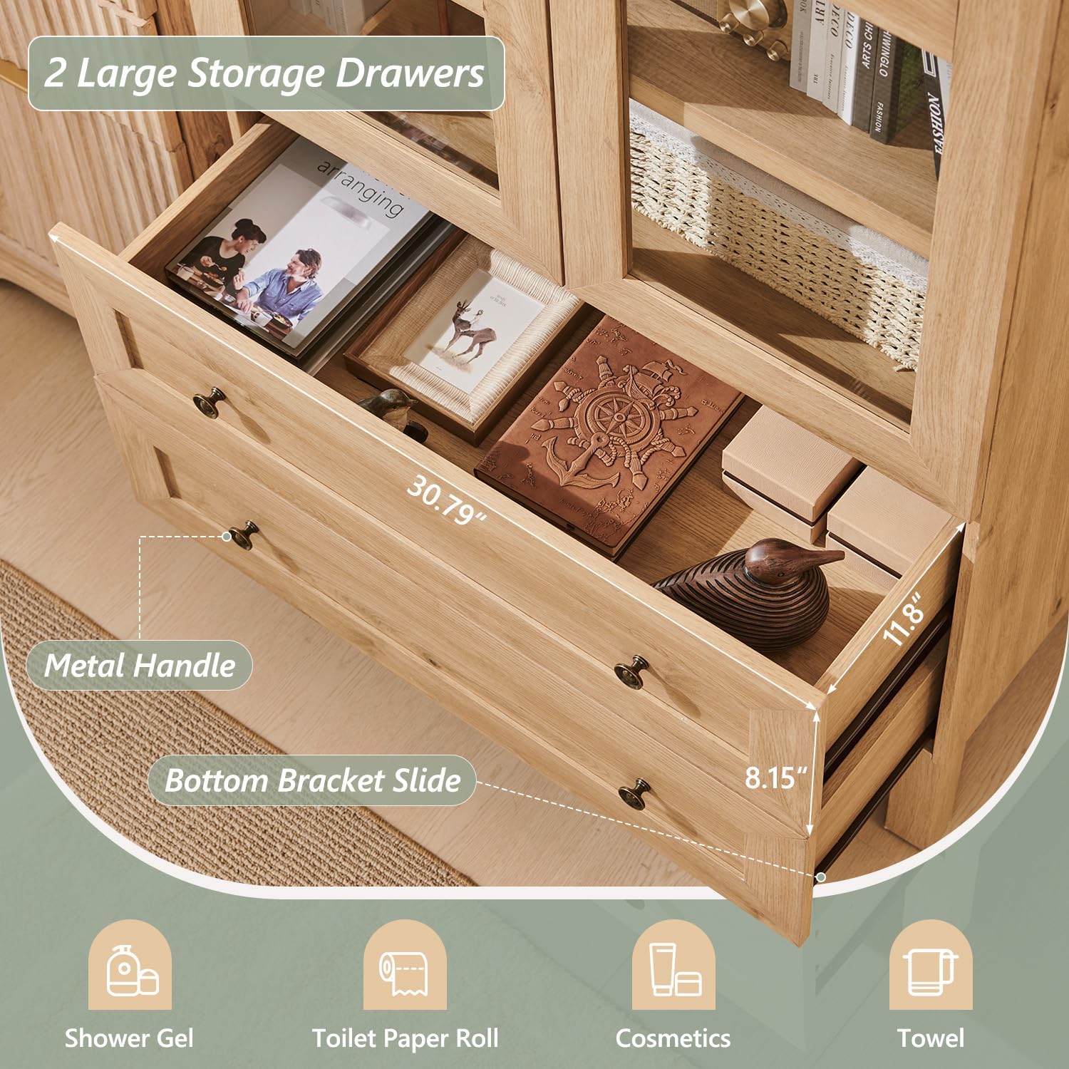 71' Tall Arched Bathroom Storage Cabinet, 4-Tier cabinet w/2 Large Drawers &Adjustable Shelves, Wooden Bathroom Floor cabinets w/Glass Doors, Modern Farmhouse Versatile Cabinets for bathroom, Natrual