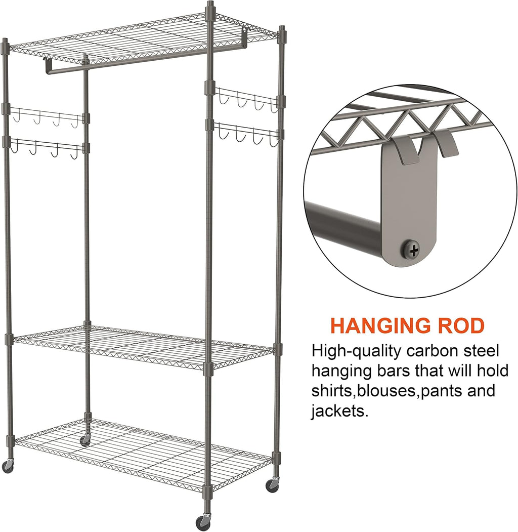 Himimi 3 Tier Wire Shelving Clothes Rack with Wheels, Heavy Duty Rolling Garment Rack with Double Rods, 4 Side Hooks, Freestanding Metal Wardrobe Storage Rack, Grey