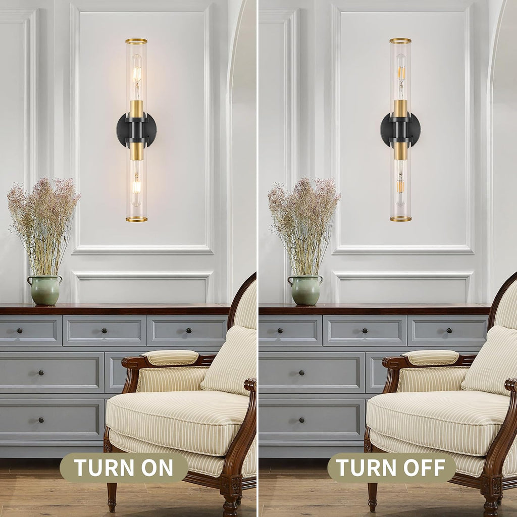 Rayogale Black & Gold Wireless Battery Operated Wall Sconces with Remote | Glass Rechargeable Wall Lights Set of 2 with Timer Function Dimmable for Living Room Bedroom Emergency 3000K, 20.5 Inch