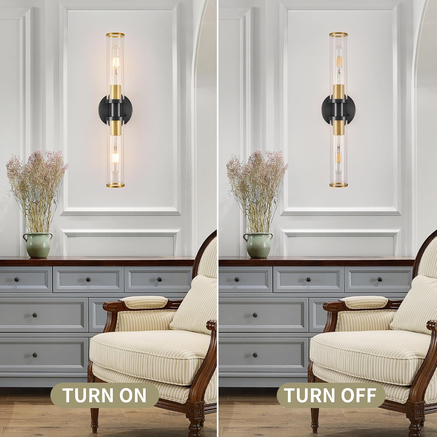 Rayogale Black & Gold Wireless Battery Operated Wall Sconces with Remote | Glass Rechargeable Wall Lights Set of 2 with Timer Function Dimmable for Living Room Bedroom Emergency 3000K, 20.5 Inch