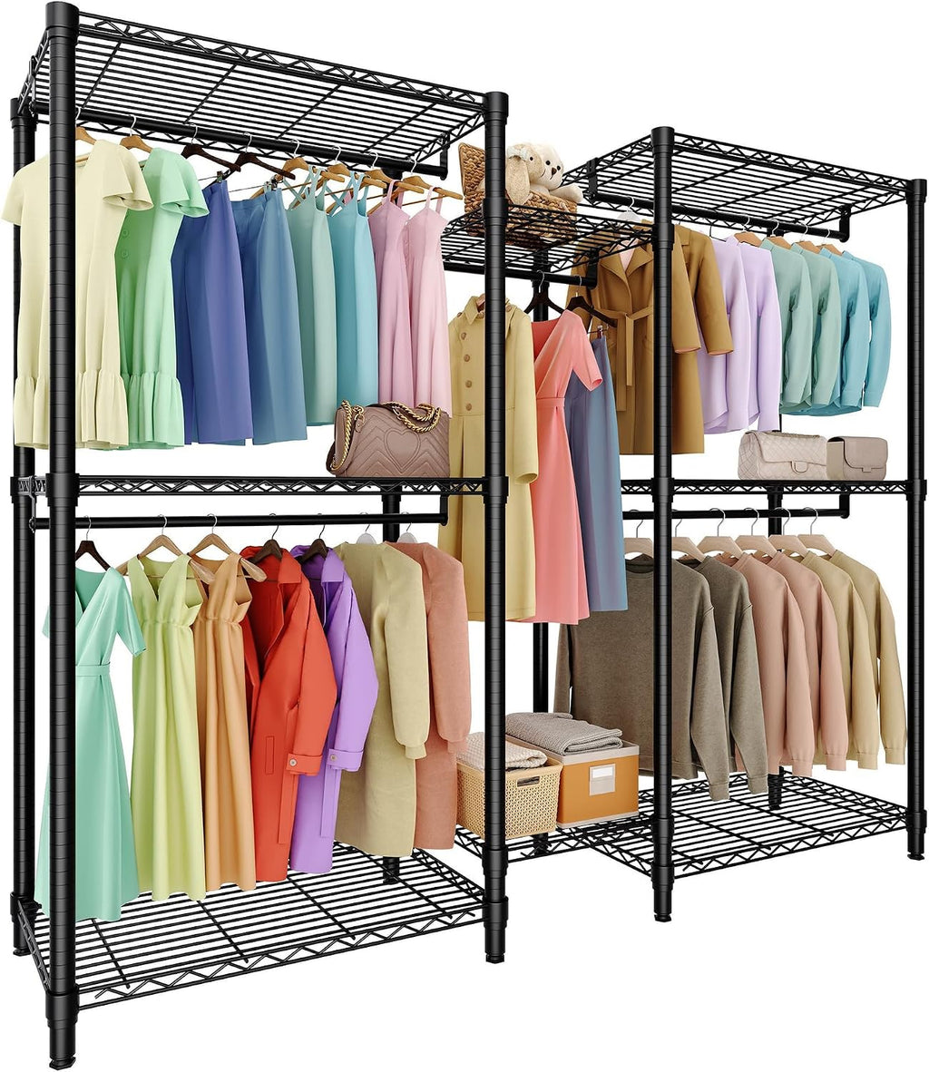 Freestanding Heavy Duty Garment Rack with Adjustable Shelves and Hanging Rods, Large 1870 Lbs Capacity Portable Closet Organizer for Bedroom or Cloakroom Storage, Black