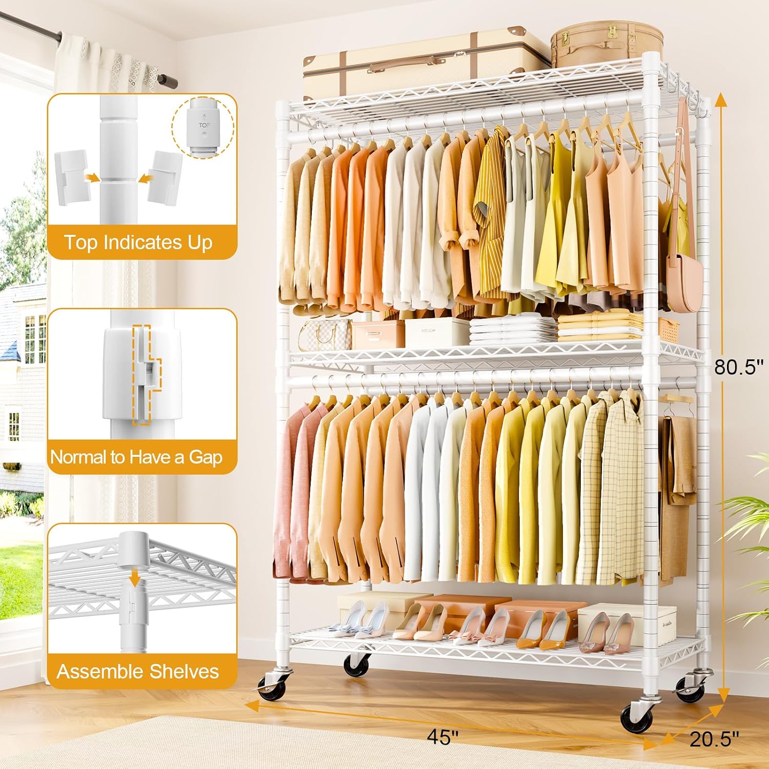 ULIFHOME P5 Plus Rolling Clothes Rack Heavy Duty, Clothing Racks for Hanging Clothes, Metal Garment Rack with Wheels, 3-Tier Portable Closet Rack 45'' W × 20.5'' D × 80.5'' H, Max Load 660 Lbs, White