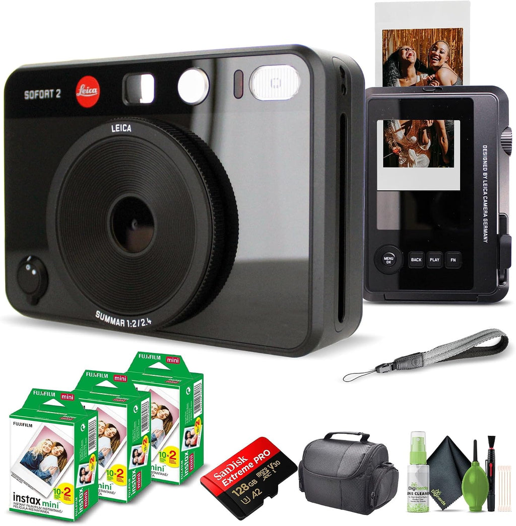 Leica Sofort 2 Hybrid Instant Photo Film and Digital Camera (Black) (19190) with LCD Display Bundle with Fujifilm Instant Film 60 Sheets + 128 GB Memory Card + Bag + Cleaning Kit