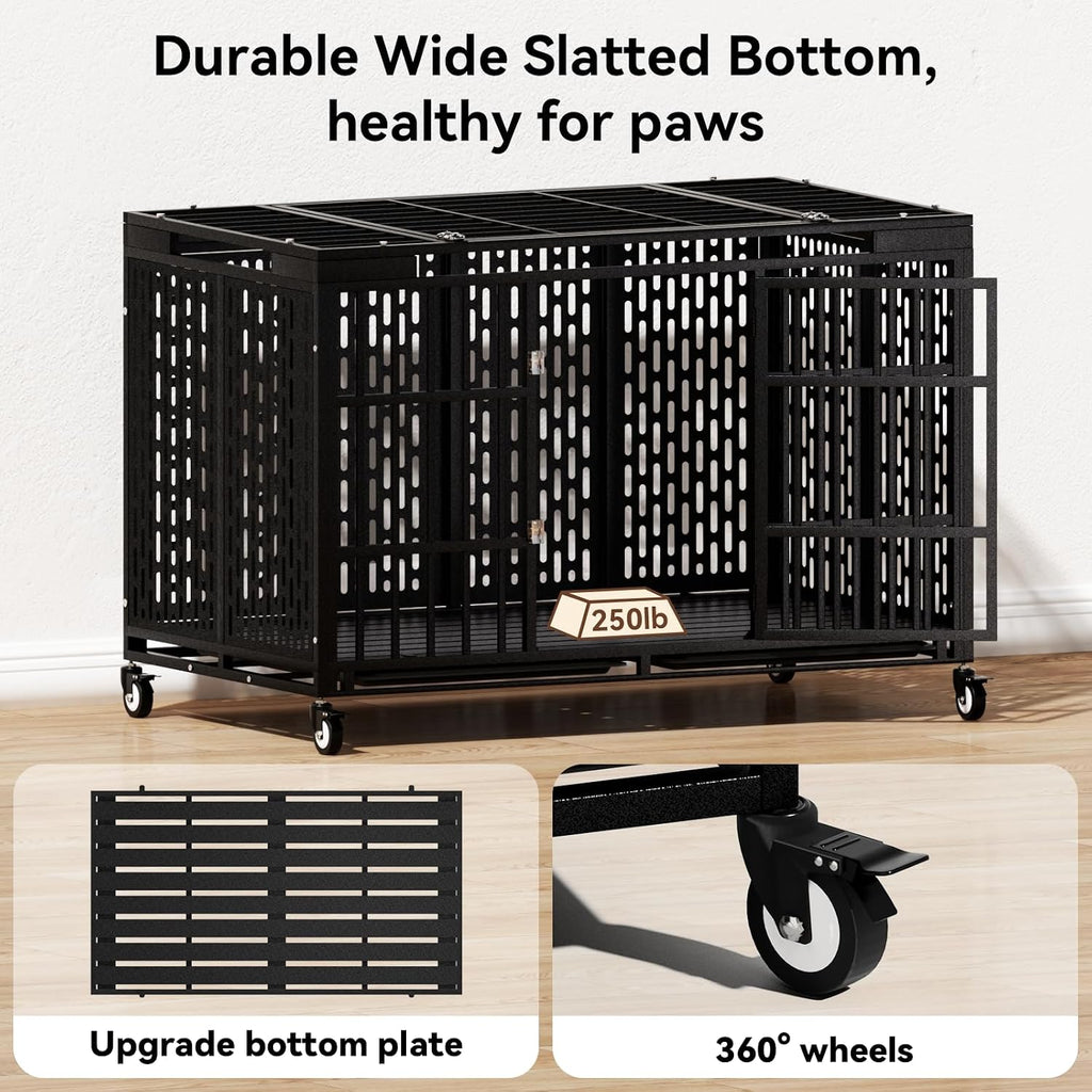54 Inch Heavy Duty Dog Crate with Wheels,Indestructible Escape-Proof Dog Kennel with Locking Latch and Double Door,Extra Large XL XXL Crate Indoor for Large and Medium Dog with Removable Tray