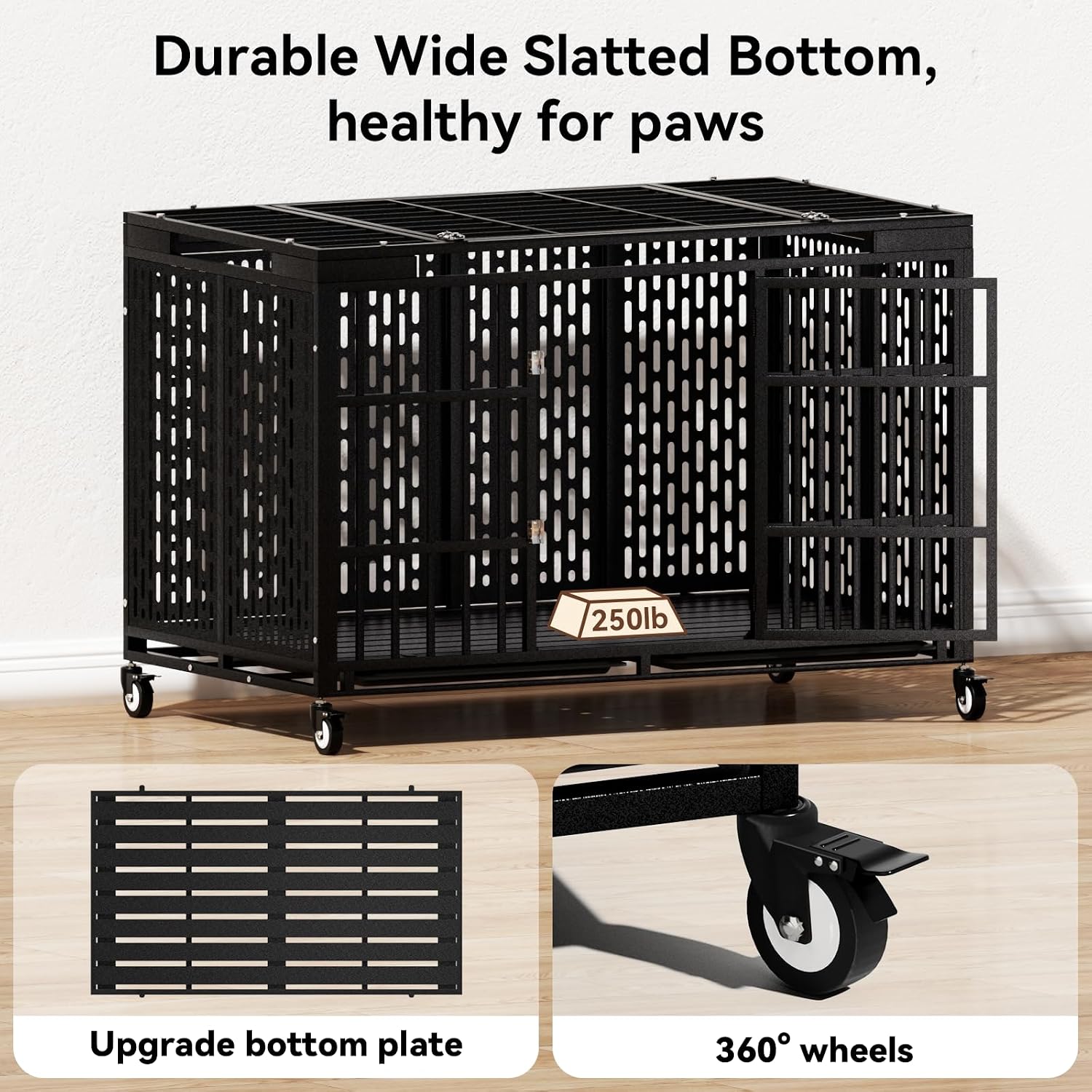 54 Inch Heavy Duty Dog Crate with Wheels,Indestructible Escape-Proof Dog Kennel with Locking Latch and Double Door,Extra Large XL XXL Crate Indoor for Large and Medium Dog with Removable Tray
