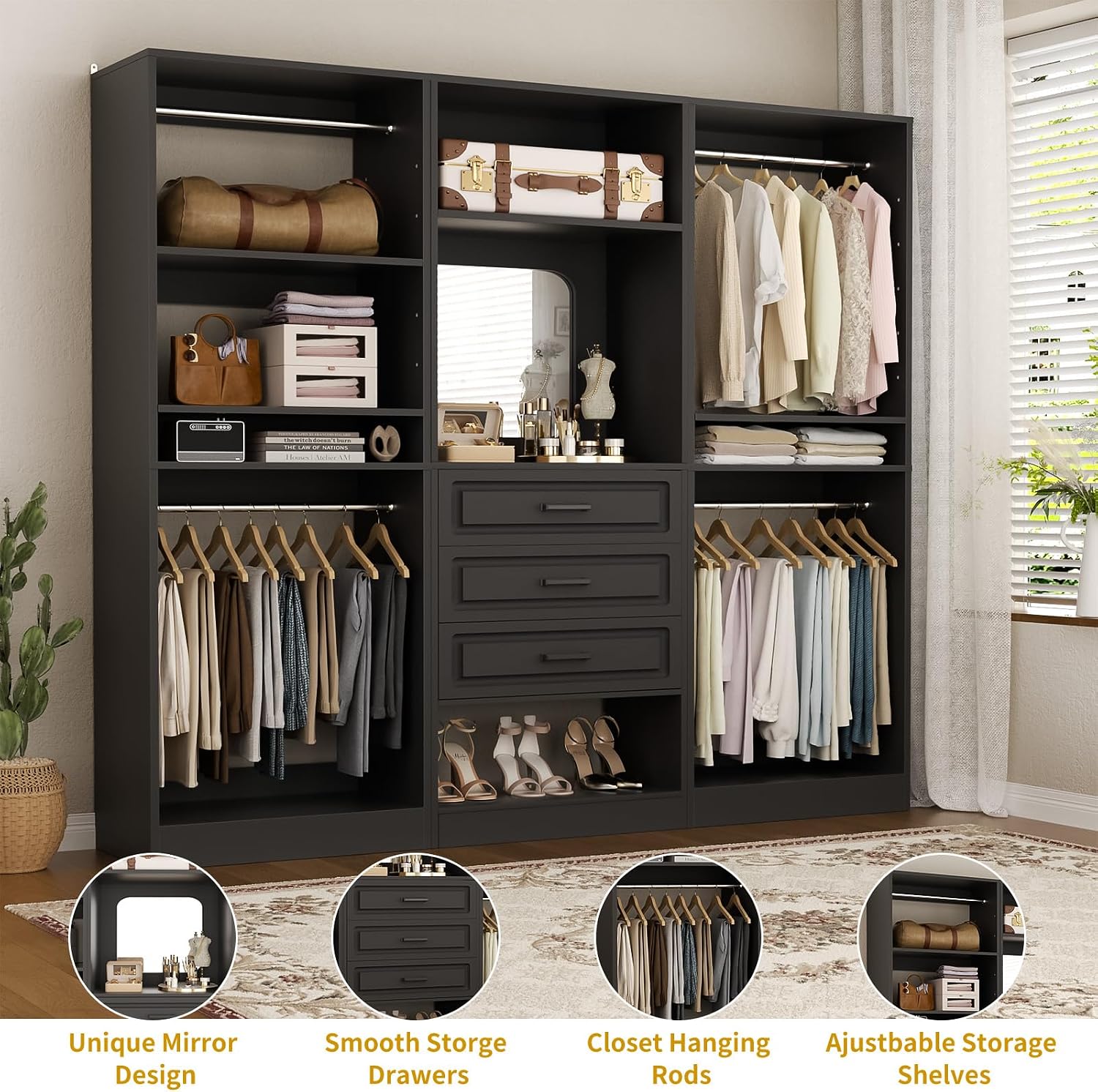 Unikito Modular Closet System with 3 Sets, 75'Closet Organizer System with Drawers, Mirror, Hanging Rods and Adjustable Shelves, Freestanding Wood Wardrobe Garment Rack, Walk in Closet Tower, Black